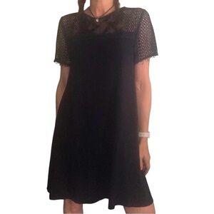 Loft Sz S Navy Shift Dress Short Sleeve Open Lace Knit Details Office Casual